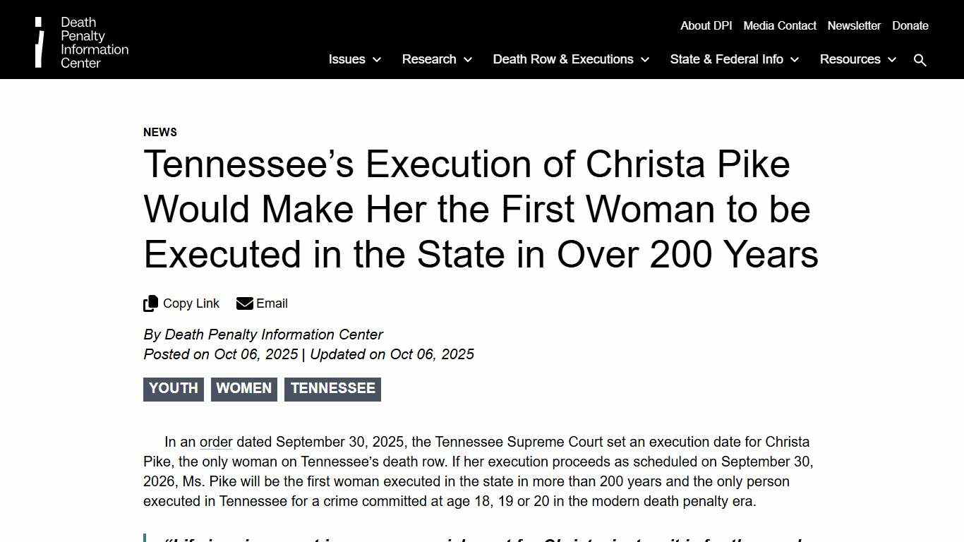 Tennessee’s Execution of Christa Pike Would Make Her the First Woman to be Executed in the State in Over 200 Years | Death Penalty Information Center