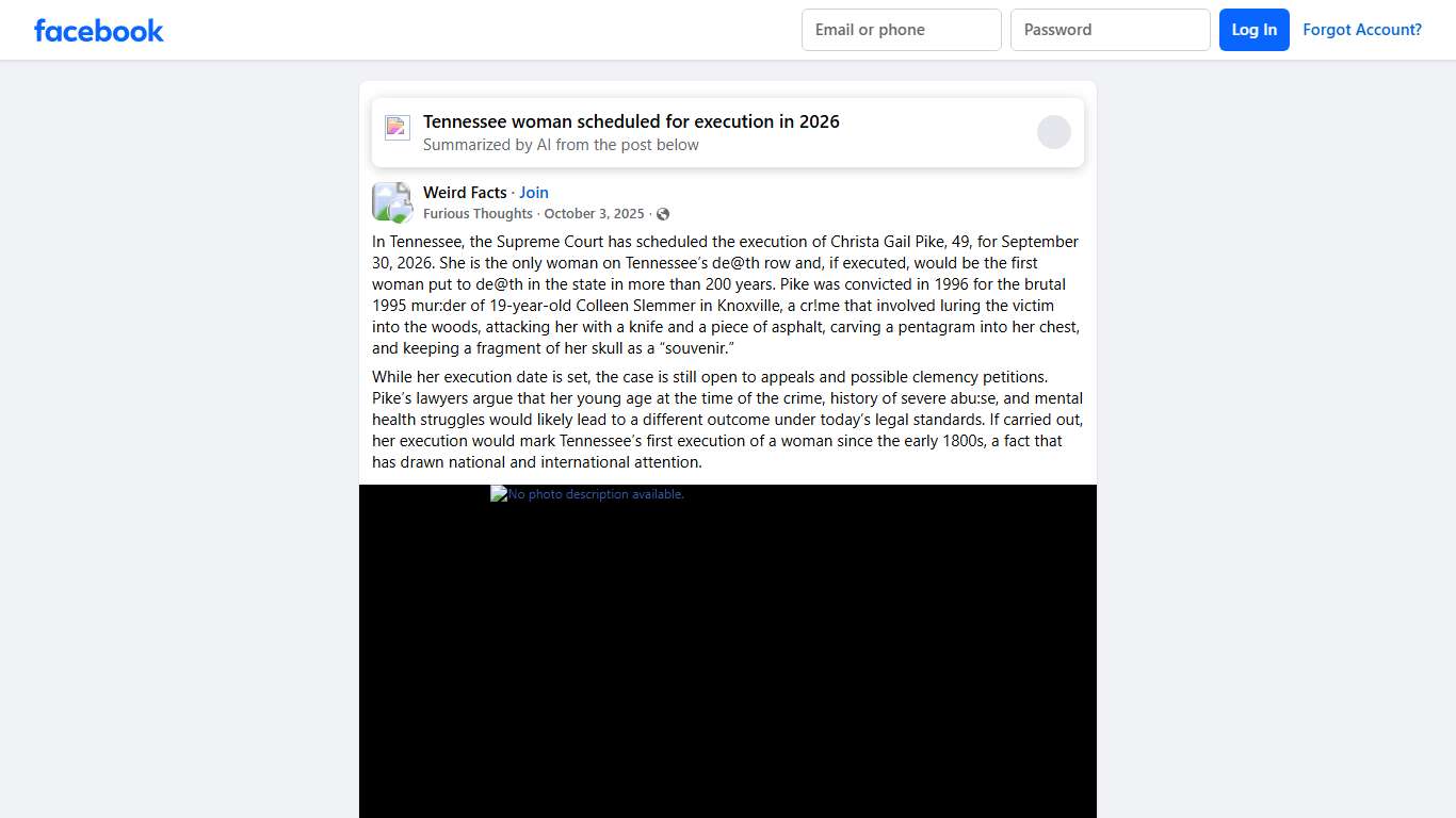 Weird Facts | In Tennessee, the Supreme Court has scheduled the execution of Christa Gail Pike, 49, for September 30, 2026 | Facebook