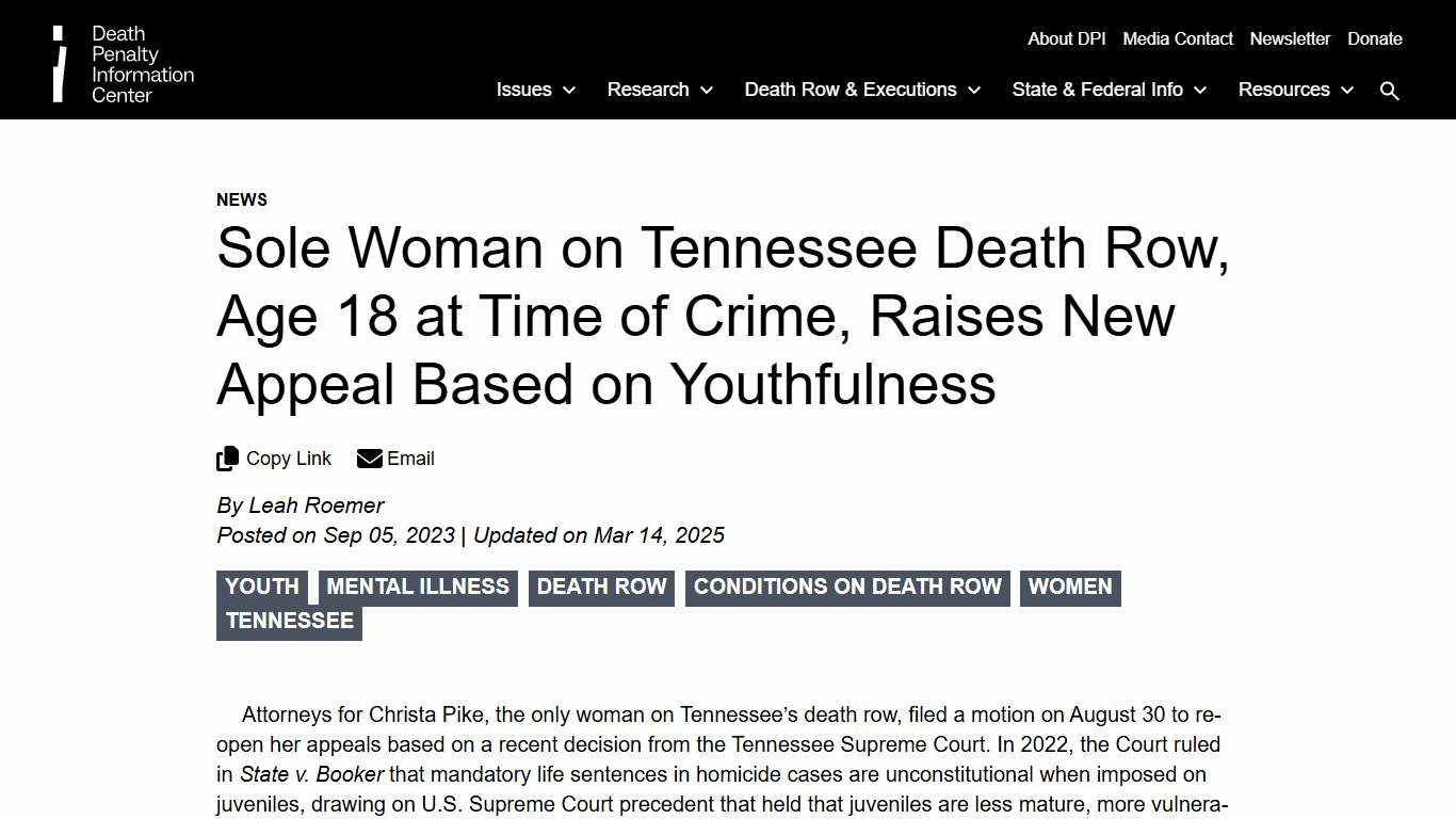 Sole Woman on Tennessee Death Row, Age 18 at Time of Crime, Raises New Appeal Based on Youthfulness | Death Penalty Information Center