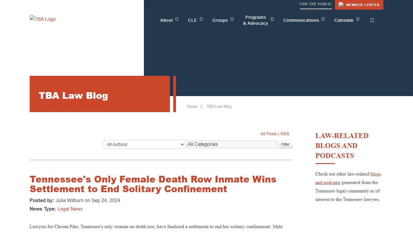 Tennessee's Only Female Death Row Inmate Wins Settlement to End Solitary Confinement - TBA Law Blog