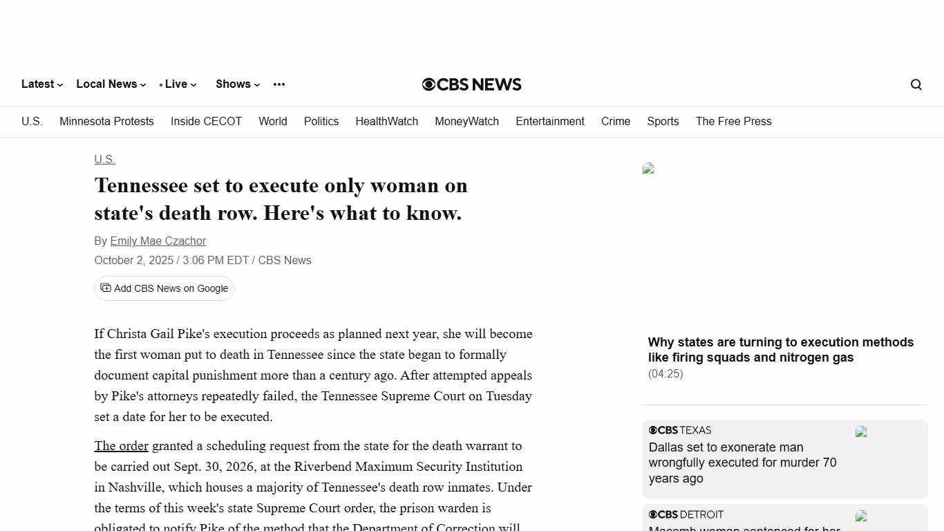 Tennessee set to execute only woman on state's death row. Here's what to know. - CBS News